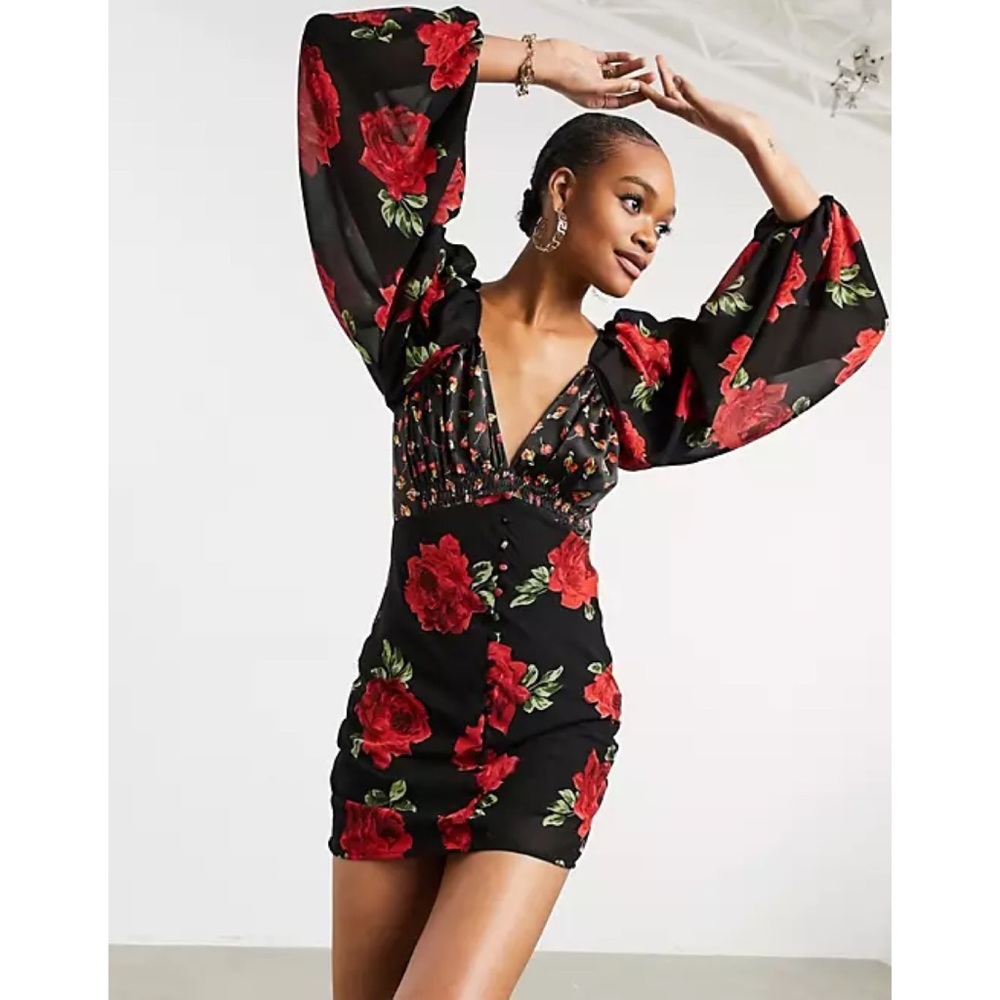 ASOS DESIGN Button Front Mini Dress in Rose Print